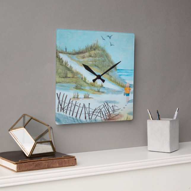 child on sandy beach watercolor square wall clock (Office)