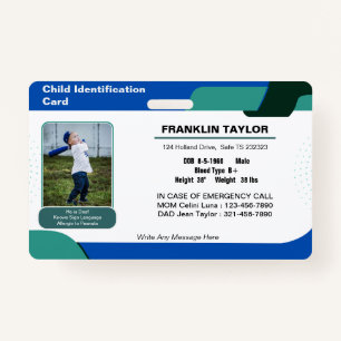 Child Photo Emergency ID Identification Card Badge