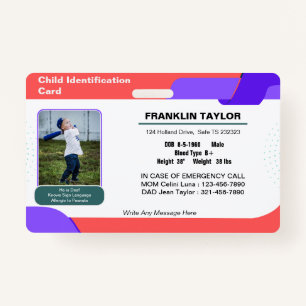 Child Photo Emergency ID Identification Card Badge