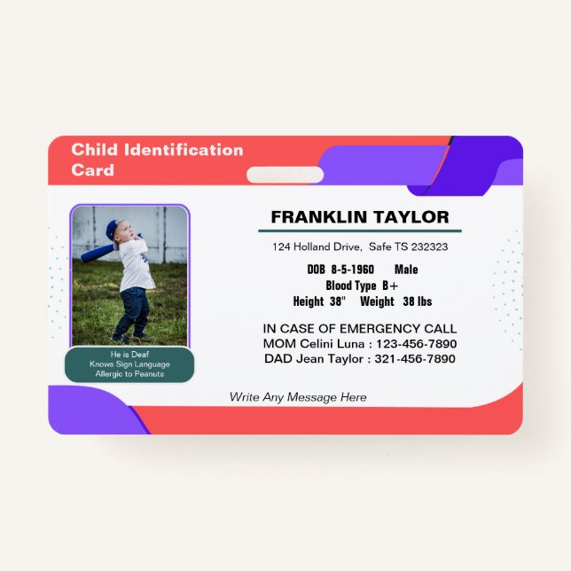 Child Photo Emergency ID Identification Card Badge (Front)