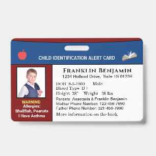 Child Photo ID Identification Alert Card Custom  Badge