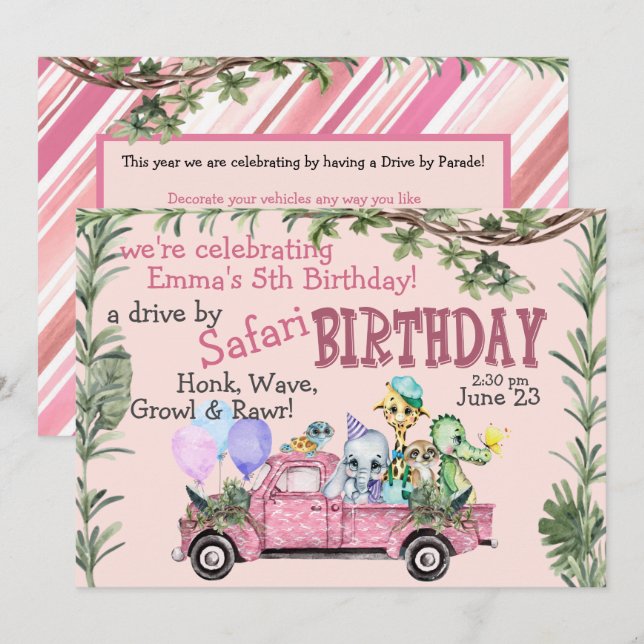 Child Pink Safari Happy Birthday Parade Invitation (Front/Back)