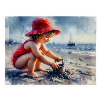 Child Playing on Sunny Beach, Poster