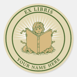 Child Reading Book Ex Libris Template Classic Round Sticker
