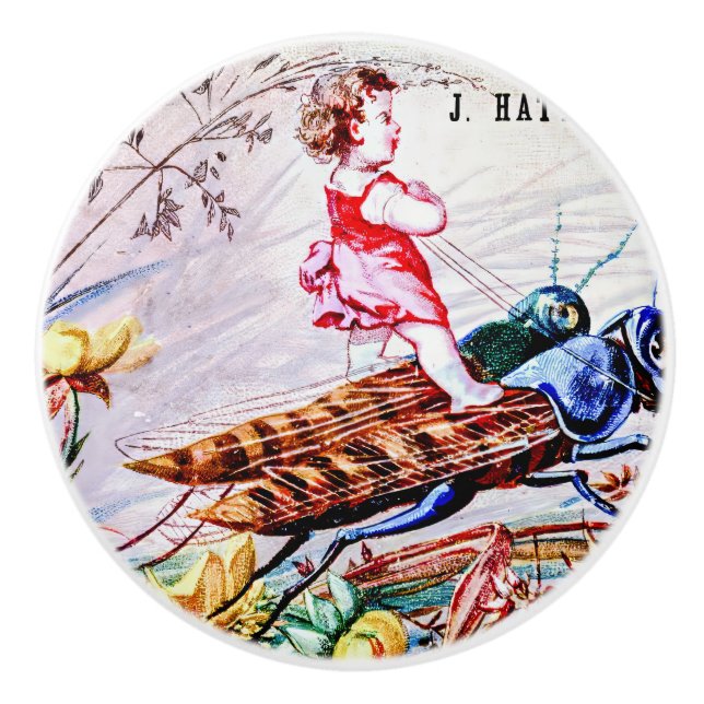 Child Riding Grasshoppers Ceramic Knob (Front)