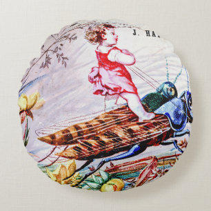 Child Riding Grasshoppers Round Pillow