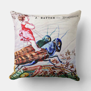 Child Riding Grasshoppers Throw Pillow