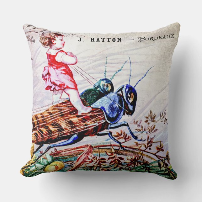 Child Riding Grasshoppers Throw Pillow (Front)