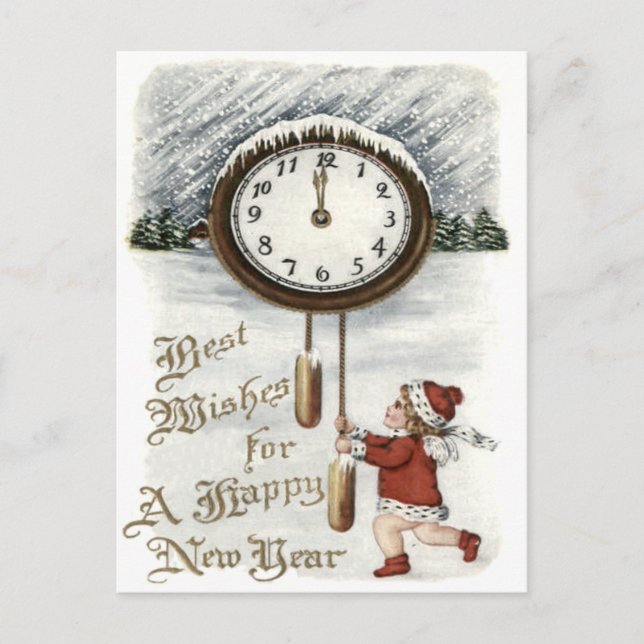Child Snow Winter Clock New Year Holiday Postcard (Front)