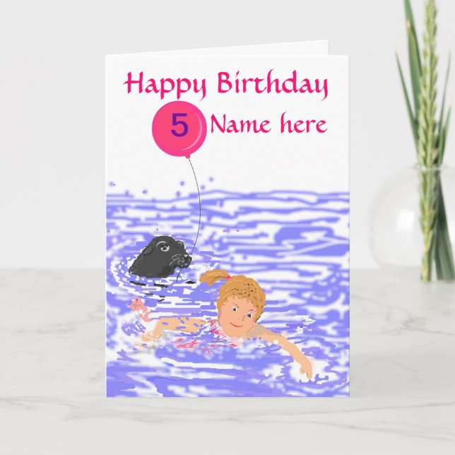 Child Swimmer Girl birthday card add age name (Front)