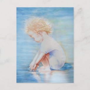 Child toddler on beach lakefront water scene  postcard