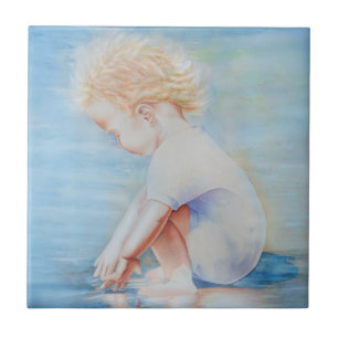 Child toddler on beach lakefront water scene  tile