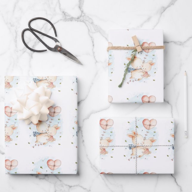 Child Valentine Bunny Heart Balloons Wrapping Paper Sheet (Front)