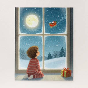 Child Watching Santa Fly by the Moon Jigsaw Puzzle