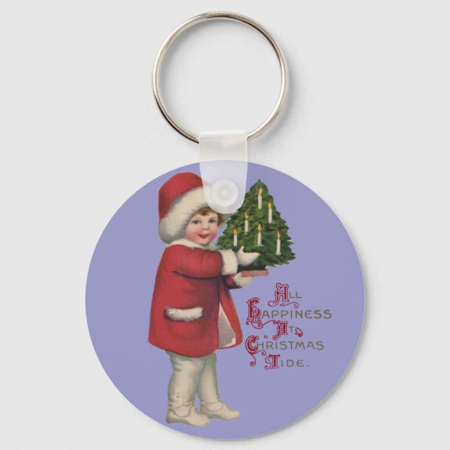 Child with Christmas Tree Vintage Illustration Art Keychain (Front)