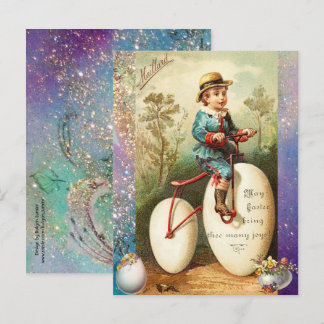 CHILD WITH EASTER EGG BIKE AND COLORFUL FLOWERS HOLIDAY POSTCARD