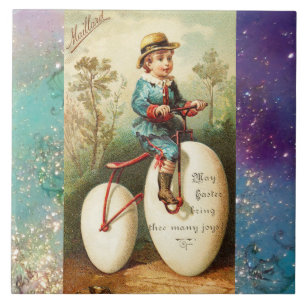 CHILD WITH EASTER EGG BIKE AND COLORFUL FLOWERS TILE