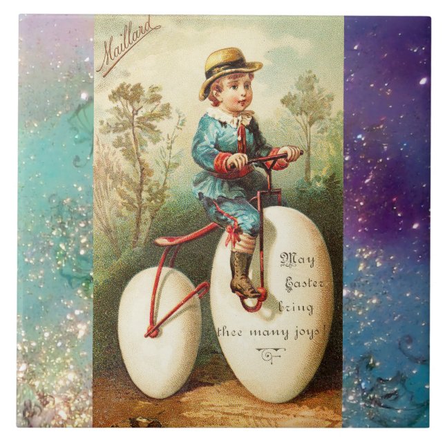 CHILD WITH EASTER EGG BIKE AND COLORFUL FLOWERS TILE (Front)