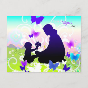 child with flowers and mother postcard