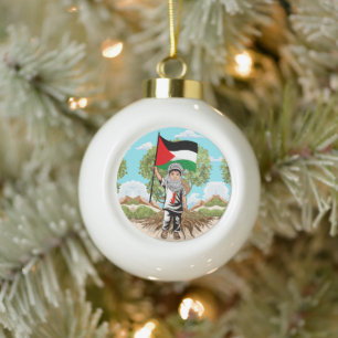 Child with Keffiyeh Palestine Flag and Olive Tree  Ceramic Ball Christmas Ornament