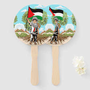 Child with Keffiyeh Palestine Flag and Olive Tree Hand Fan