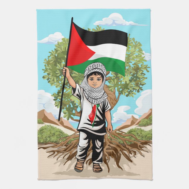 Child with Keffiyeh Palestine Flag and Olive Tree  Kitchen Towel (Vertical)