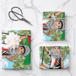 Child with Keffiyeh Palestine Flag and Olive Tree  Wrapping Paper Sheet