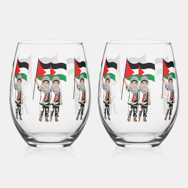 Child with Keffiyeh Palestine Flag  Stemless Wine Glass (Right)