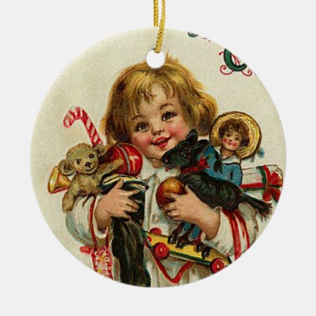 CHILD WITH TOYS AND CHRISTMAS GIFTS CERAMIC ORNAMENT (Front)