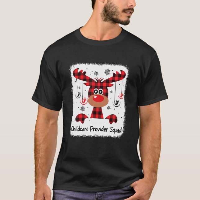 Childcare Provider Squad Funny Red Plaid Reindeer T-Shirt (Front)