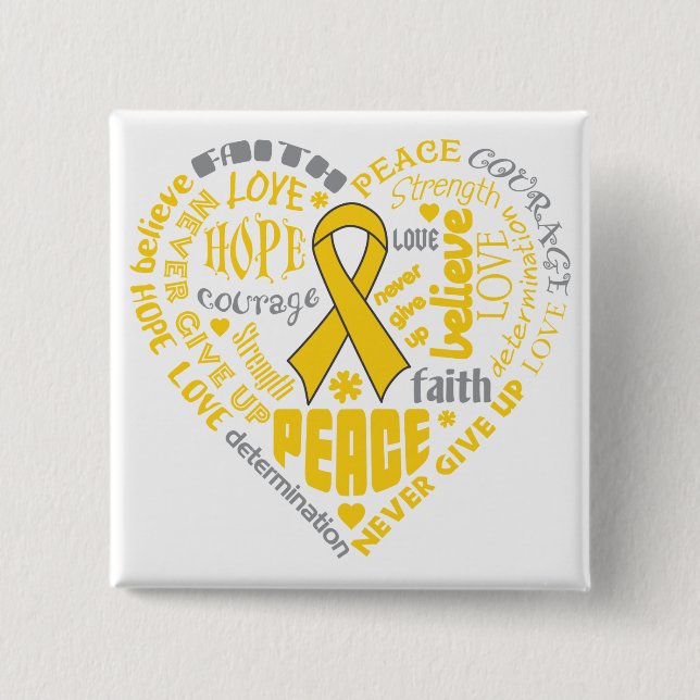 Childhood Cancer Awareness Heart Words 2 Inch Square Button (Front)