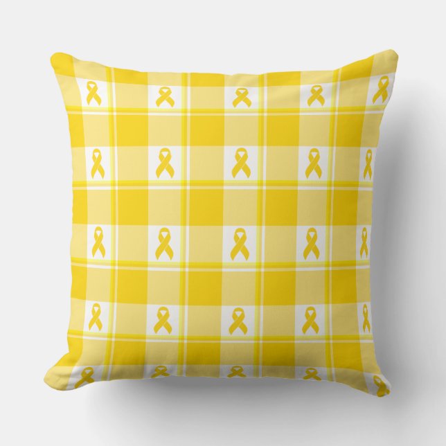 Childhood Cancer Awareness Plaid Gold Ribbon Throw Pillow (Front)