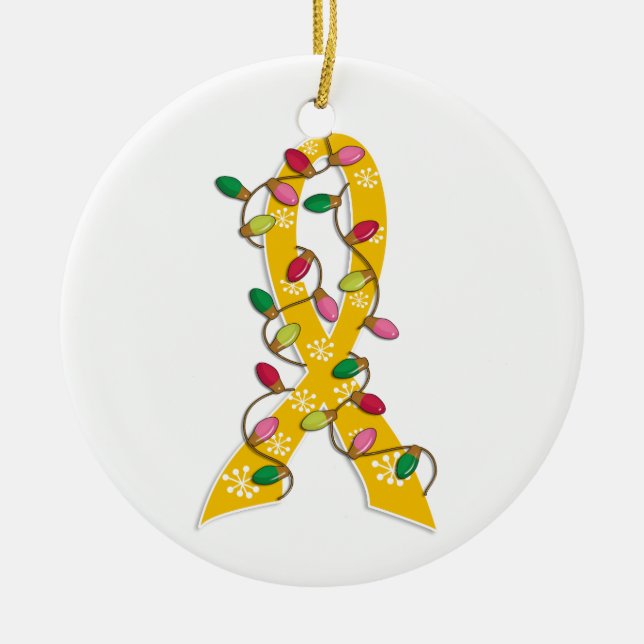 Childhood Cancer Christmas Lights Ribbon Ceramic Ornament (Front)