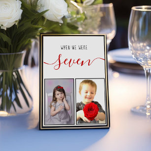 Childhood Photos Age 7 Modern Red Script Wedding Table Number