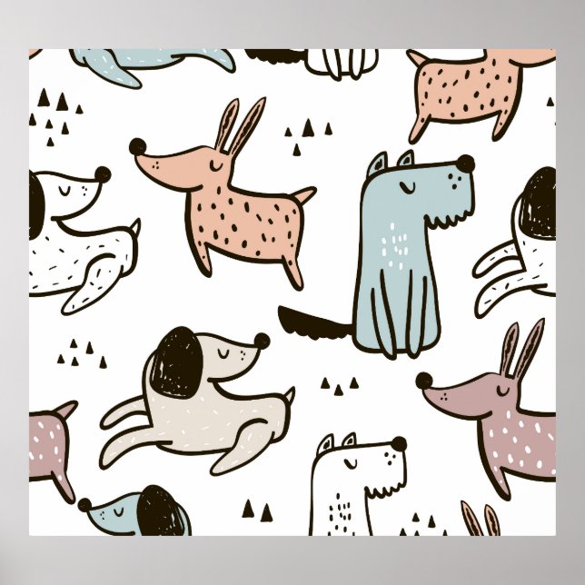 Childish dogs, hand drawn, trendy pattern. poster (Front)