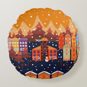 Childish House Trees Scandinavian Pattern Round Pillow