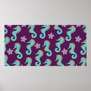childish nautical seamless pattern with seahorses  poster