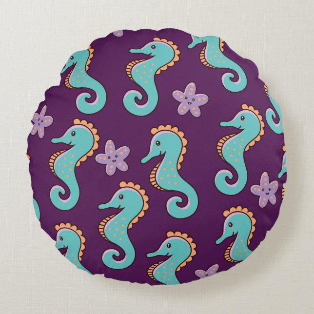 childish nautical seamless pattern with seahorses  round pillow (Front)