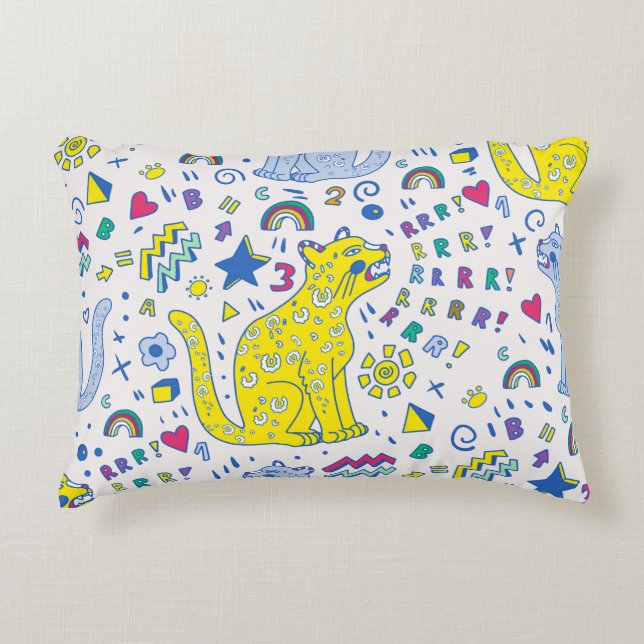 childish pattern with tiger,  letters,  rainbows,  accent pillow (Front)
