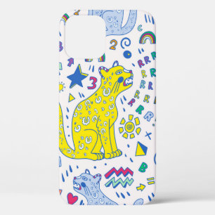childish pattern with tiger, letters, rainbows, iPhone 12 case