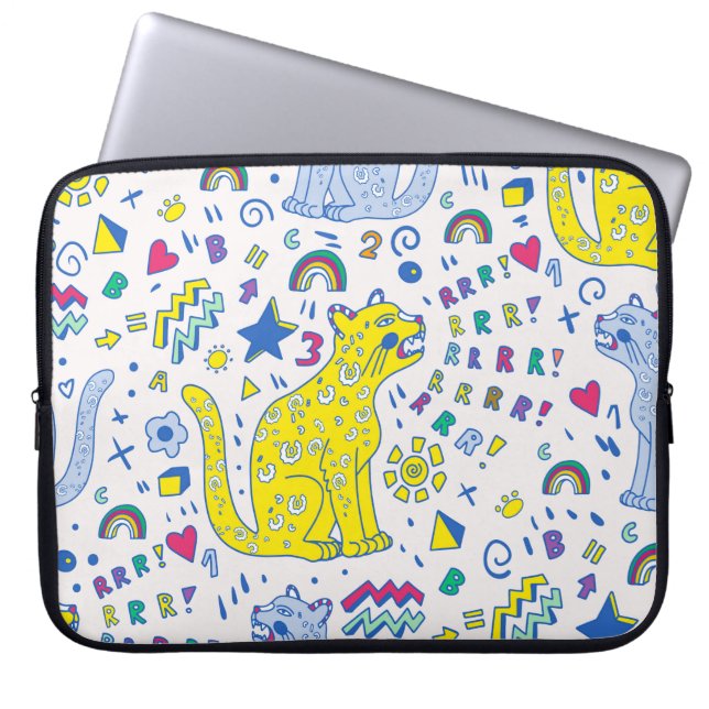childish pattern with tiger,  letters,  rainbows,  laptop sleeve (Front)