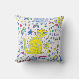 childish pattern with tiger, letters, rainbows, throw pillow