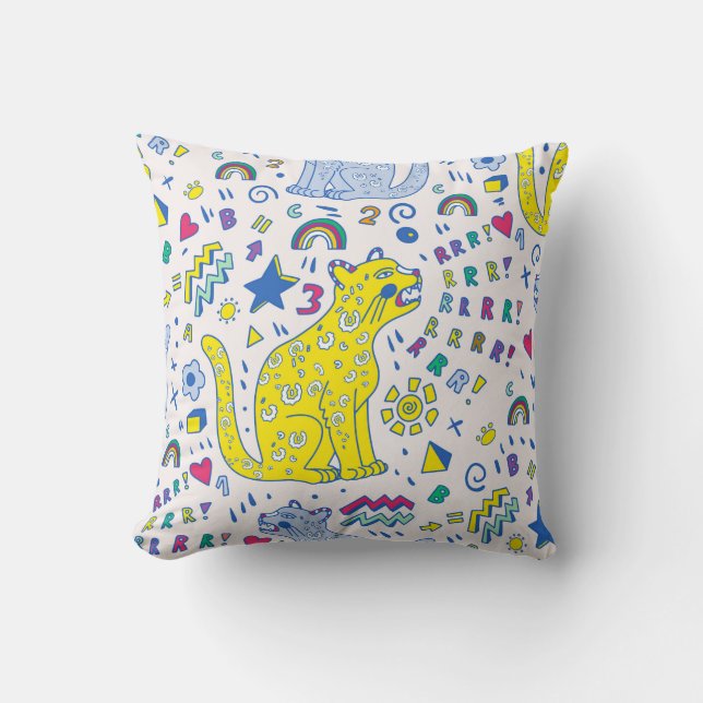 childish pattern with tiger,  letters,  rainbows,  throw pillow (Front)