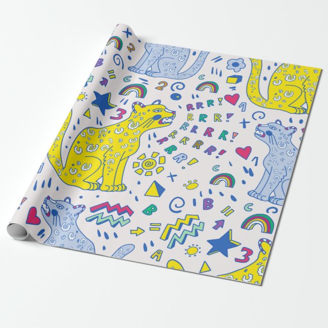 childish pattern with tiger,  letters,  rainbows,  wrapping paper (Unrolled)