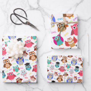 Childish seamless pattern with cute owls on white wrapping paper sheet