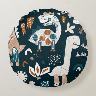 Childish seamless pattern with hand drawn dinosaur round pillow