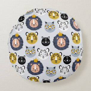 Childish seamless pattern with hand drawn lions ti round pillow