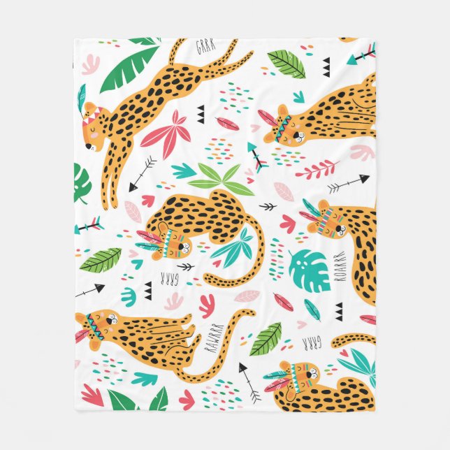 Childish Tribal Leopards Tropical Pattern Fleece Blanket (Front)