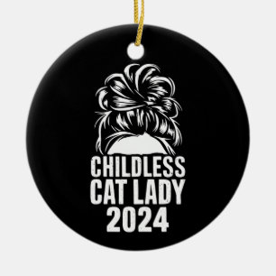 Childless Cat Lady 2024 Messy Bun American Flag Ceramic Ornament