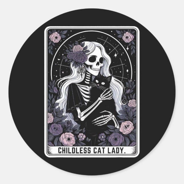 Childless Cat Lady Cute Gothic Skeleton Tarot Card Classic Round Sticker (Front)